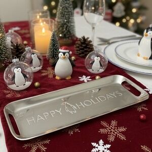 Place‎ & Time Silver-Plated "Happy Holidays" Tray, Penguin Themed Serving Plater